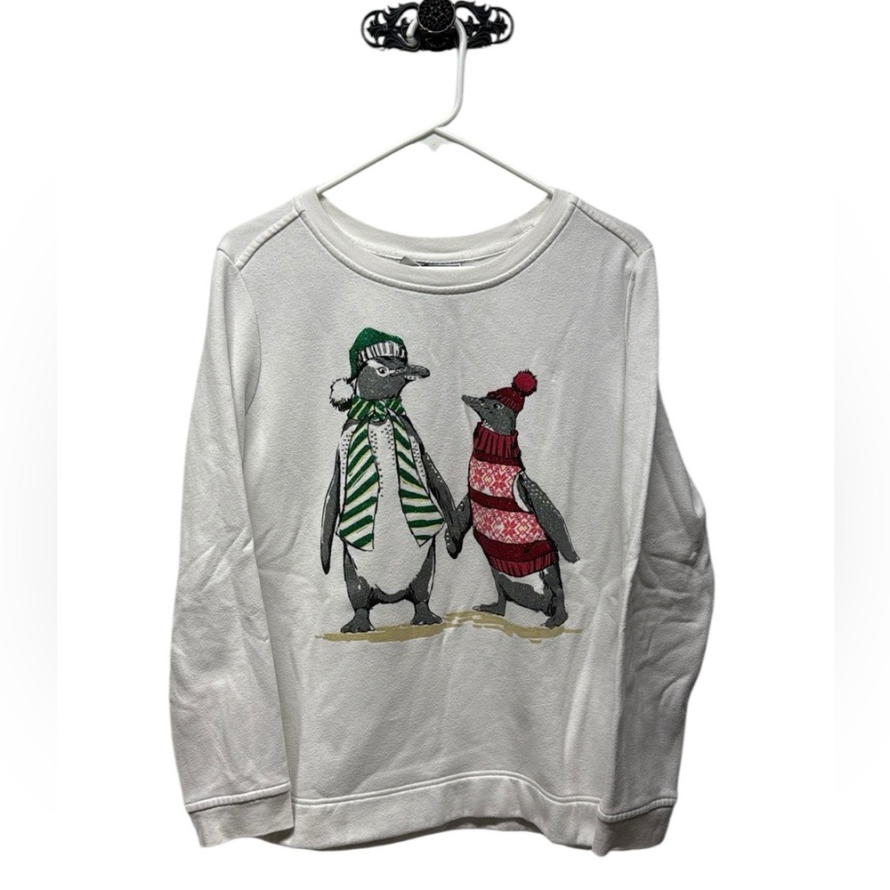 Karen Scott Sport Winter White Long Sleeve Crew Neck Penguin Print Sweatshirt